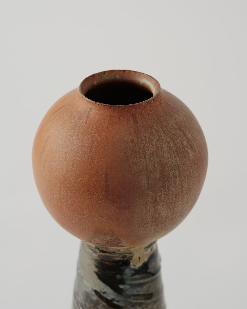 Wheel Thrown Stoneware Ikebana Vase with Porcelain Slip Textured Base - Burkes Orange Glaze