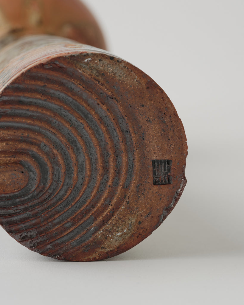 Wheel Thrown Stoneware Ikebana Vase with Porcelain Slip Textured Base - Burkes Orange Glaze
