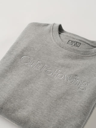 Gray sweatshirt with 'Cult Following' text on a light gray background