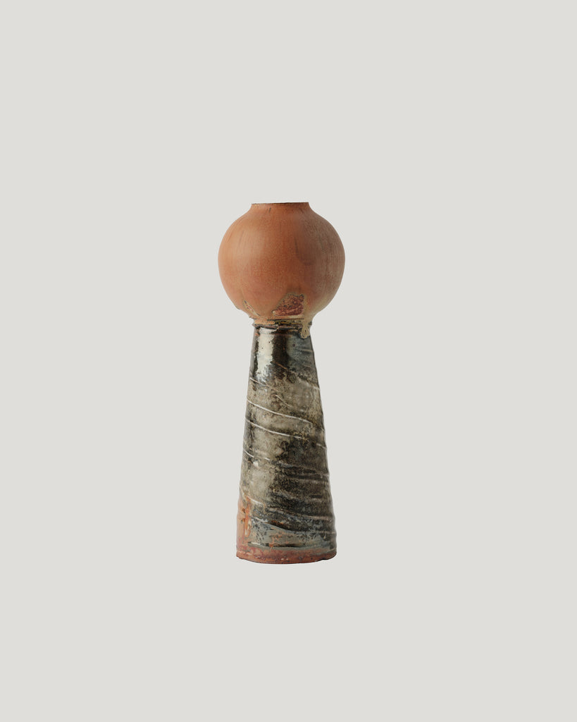 Wheel Thrown Stoneware Ikebana Vase with Porcelain Slip Textured Base - Burkes Orange Glaze