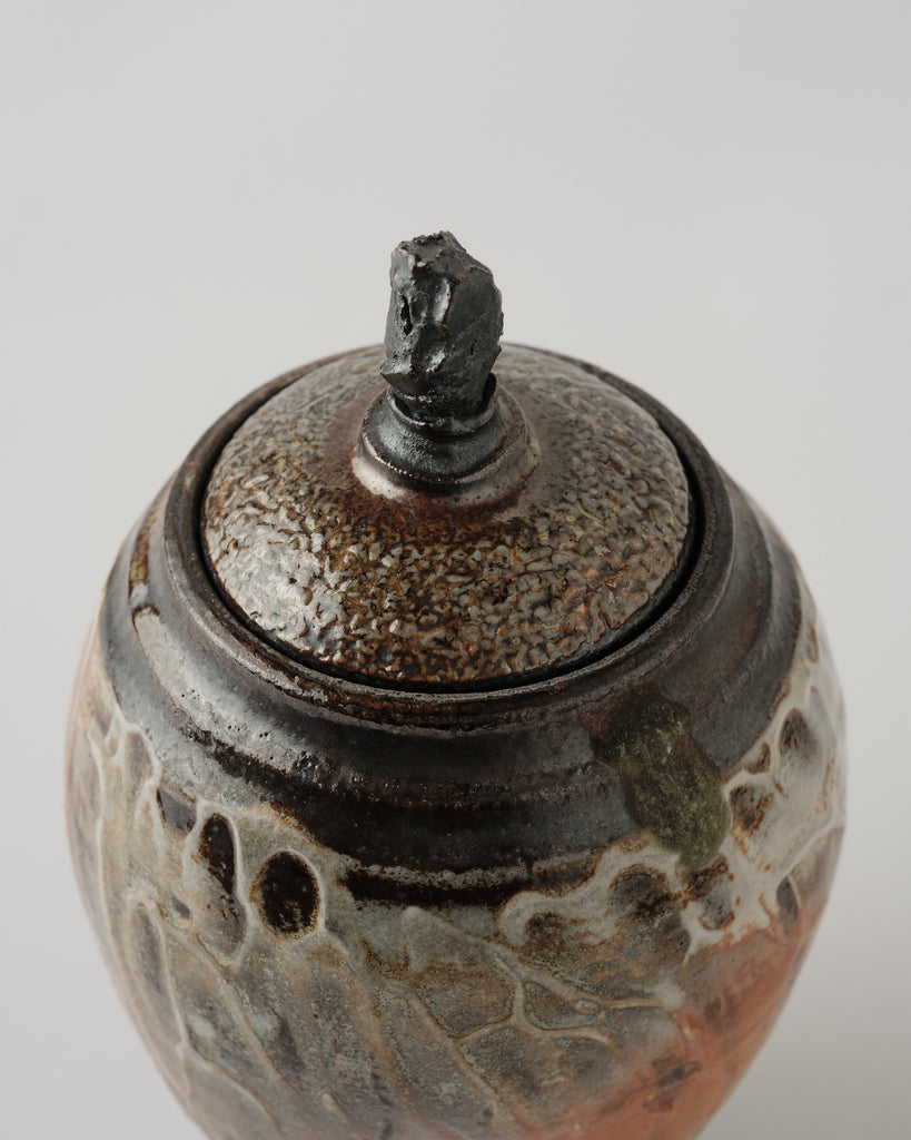 Stoneware Urn in Shino with Rutile Flashing on White Slip