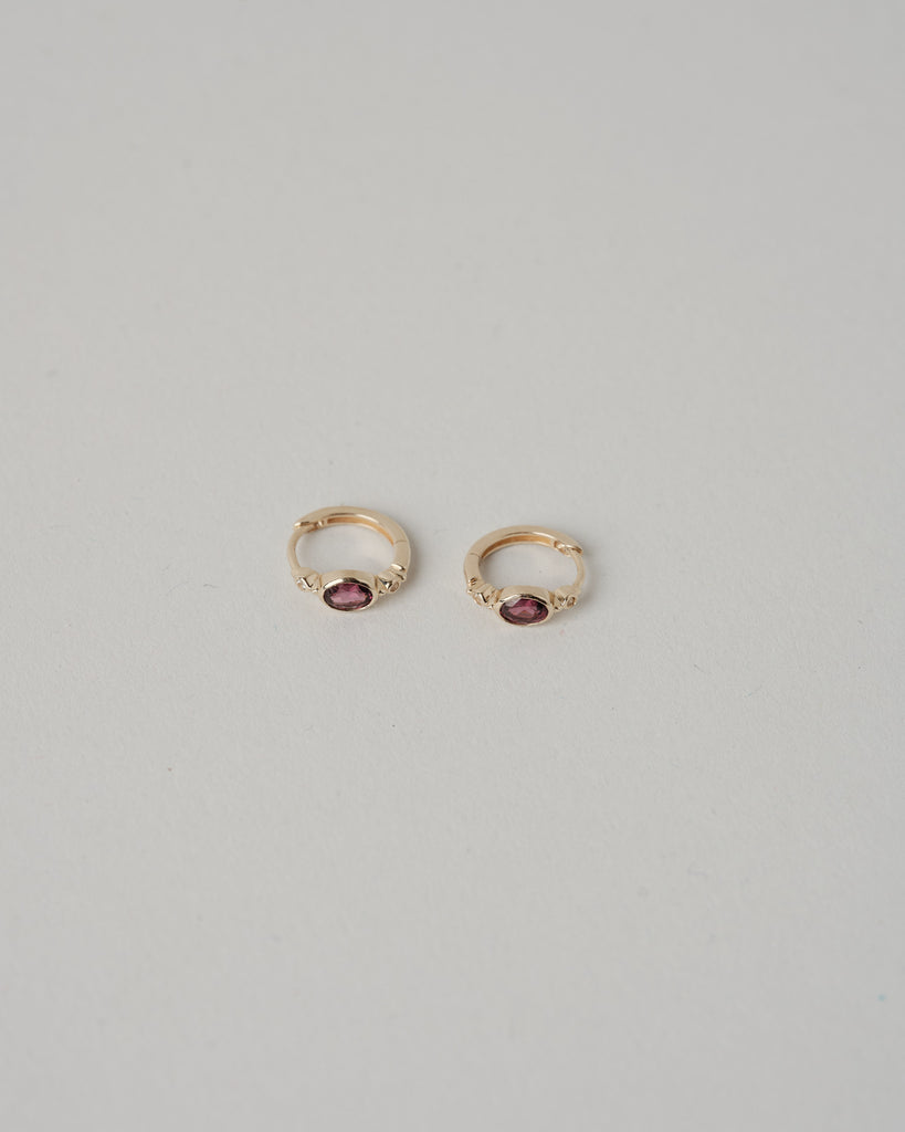 Rhodolite Garnet & White Sapphire Huggie Hoop Earring 9k Gold