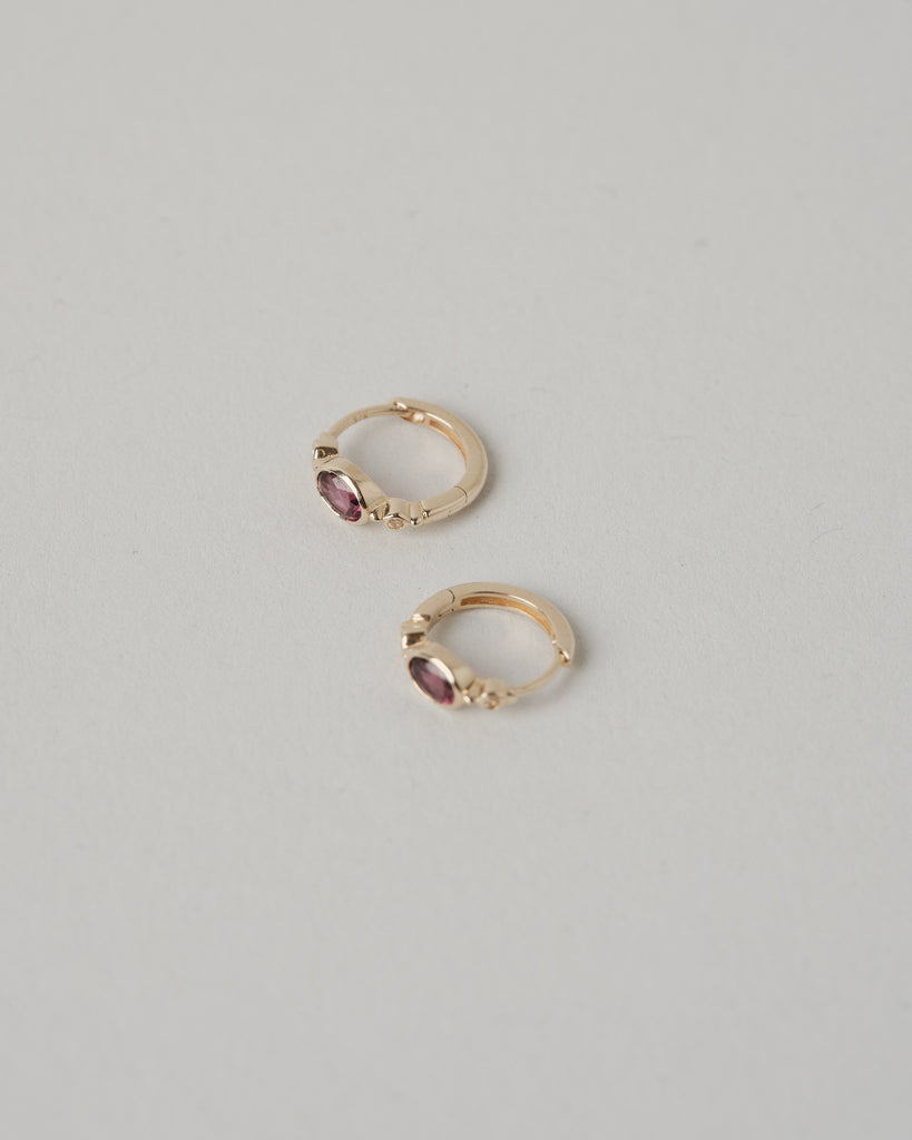 Rhodolite Garnet & White Sapphire Huggie Hoop Earring 9k Gold