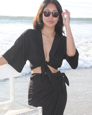Bobbie Raw Silk Tie Top Black